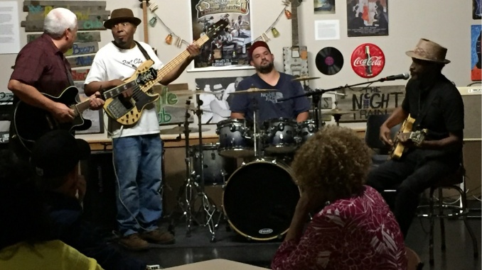 Detroit Johnny (far right) performs with other Blues musicians at a DRBA Blues jam at the UAPB Business Center in downtown Pine Bluff. Credit: PB Junction, LLC 