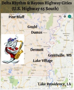 Delta Rhythm & Bayous Alliance (DRBA) regional map with catfish playing a saxophone. Credit: Delta Rhythm & Bayous Alliance