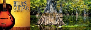 Delta Rhythm & Bayous Header Image. Composite of two images, an acoustic guitar against a gold background to the left and large cypress trees in Bayou Bartholomew to the right. Main Image. Revamped version to fit post image size. Credit: DRBA